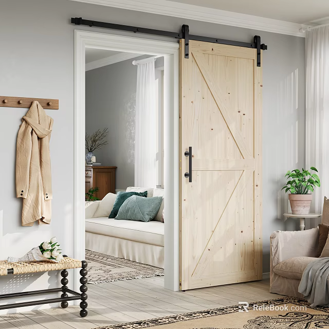 Stylish Home Balcony With Wooden Barn Door Sofa Throw Pillows Plants Coat Rack And Rug 3d model 