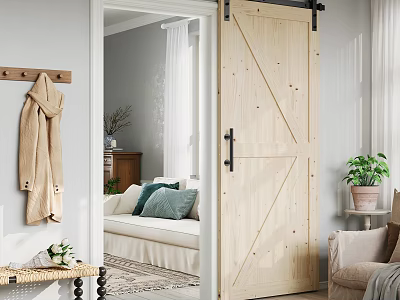 Stylish Home Balcony With Wooden Barn Door Sofa Throw Pillows Plants Coat Rack And Rug 3d model