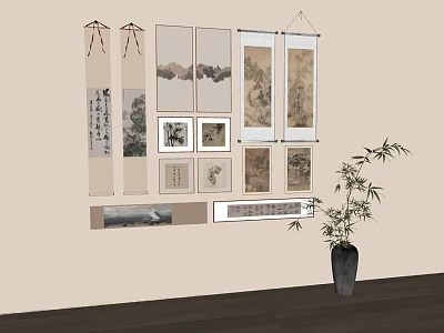 Chinese Traditional Scroll Paintings Wall Decor With Bamboo Plant Arrangement 3d model