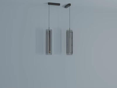 Two Long Cylindrical Glass Chandeliers Hanging From Ceiling Against Light Blue Wall 3d model