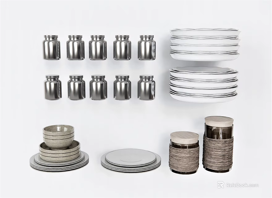 Stylish Kitchenware Collection Including Stacked Plates Stainless Steel Jars Ceramic Bowls and Woven Detail Jars 3d model 