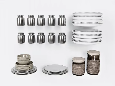 Stylish Kitchenware Collection Including Stacked Plates Stainless Steel Jars Ceramic Bowls and Woven Detail Jars 3d model
