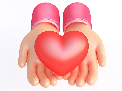 Two Hands With Pink Sleeves Holding Red Heart Tenderly In Palms 3d model