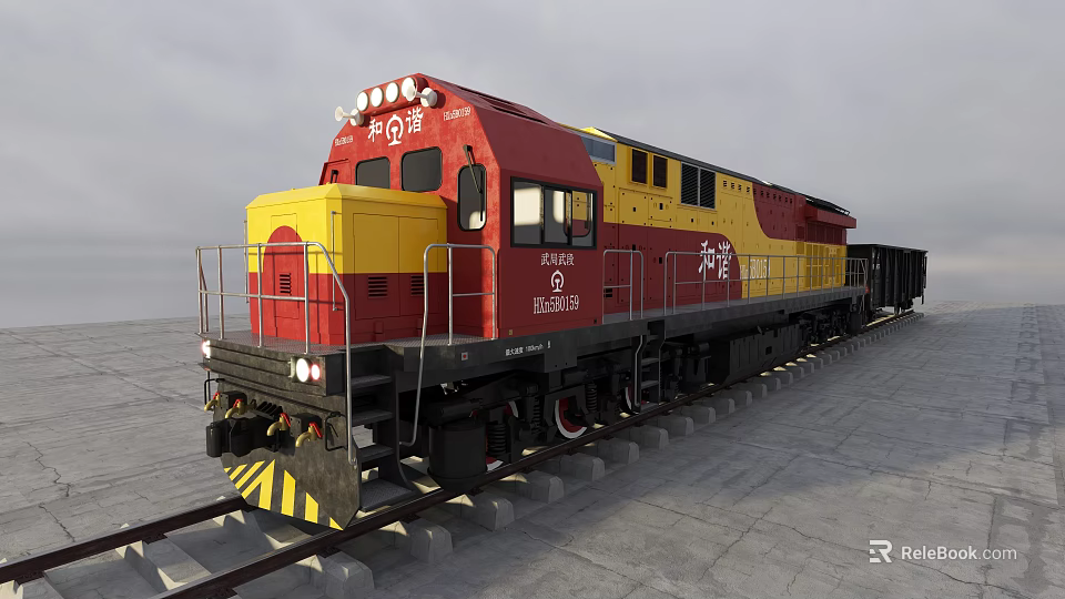 Red And Yellow Train Locomotive With China Sea Shenhua Logos On Railway Track 3d model 