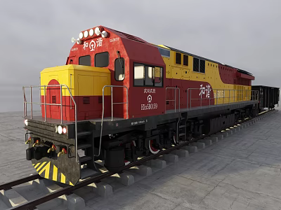 Red And Yellow Train Locomotive With China Sea Shenhua Logos On Railway Track 3d model