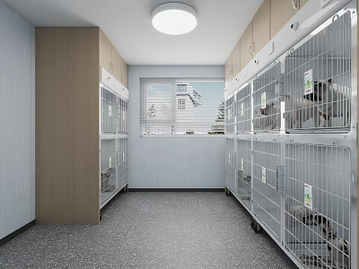 Veterinary Hospital Outpatient Room Featuring Metal Cages Animals Side Cabinets Central Passageway And Ceiling Lights 3d model