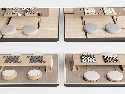 Traditional Board Game Entertainment Setup With Wooden Tables Round Cushions And Games 3d model