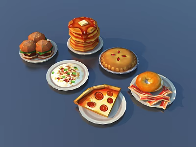 Assorted Delicious Food Platter With Syrup Pancakes Hamburgers Pizza Pie And Fresh Orange 3d model