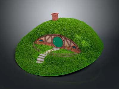 Grassy Hill With Hobbit House Round Green Door Red Chimney And Stone Path 3d model