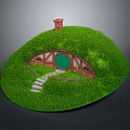 Grassy Hill With Hobbit House Round Green Door Red Chimney And Stone Path