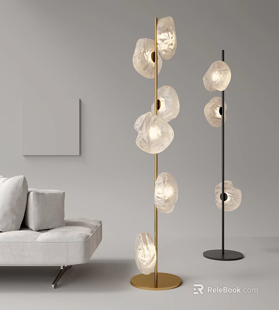 Modern Floor Lamps with Golden Black Poles and Transparent Petal Shades in Minimalist Living Room 3d model 