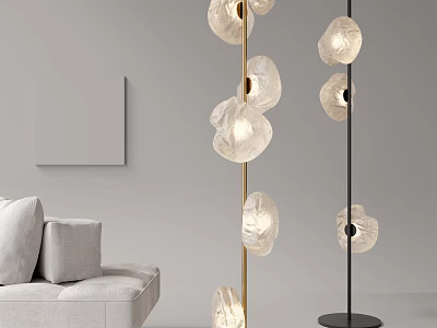 Modern Floor Lamps with Golden Black Poles and Transparent Petal Shades in Minimalist Living Room 3d model