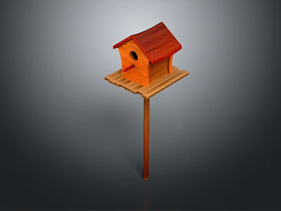 Wooden Birdhouse With Red Roof And Platform Base On Wooden Pole 3d model