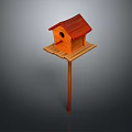 Wooden Birdhouse With Red Roof And Platform Base On Wooden Pole