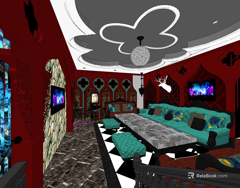 Elegant KTV Lounge Interior With Red Decor Turquoise Sofa TV Screens And Chandelier 3d model 