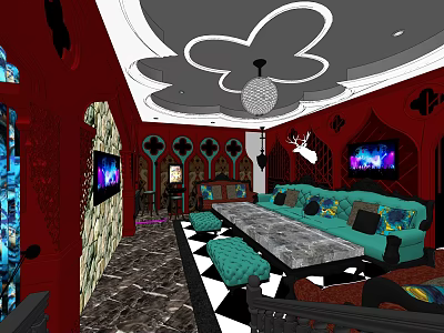 Elegant KTV Lounge Interior With Red Decor Turquoise Sofa TV Screens And Chandelier 3d model