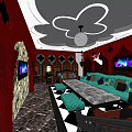 Elegant KTV Lounge Interior With Red Decor Turquoise Sofa TV Screens And Chandelier