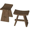 Two Simple Wooden Stools With Curved Seat And Crossed Legs Design