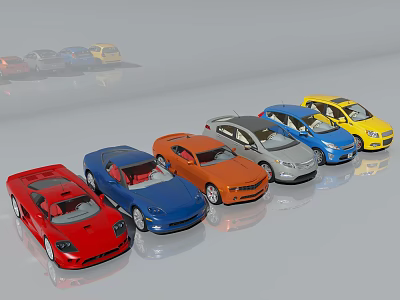Colorful Toy Cars In Different Colors Arranged Neatly In A Row 3d model
