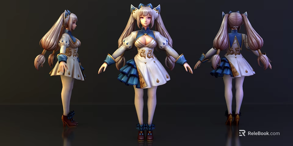 3D Game Movie Character With White Blue Dress Golden Embroidery Long Hair Bow Headband 3d model 