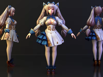 3D Game Movie Character With White Blue Dress Golden Embroidery Long Hair Bow Headband 3d model