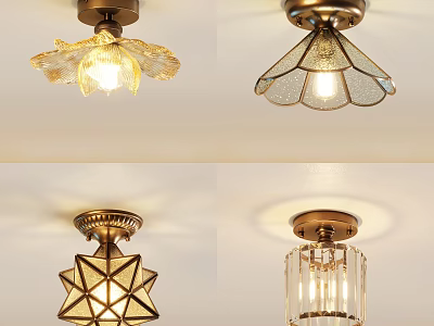 Artistic Vintage Ceiling Lights With Glass Shades And Geometric Floral Patterns 3d model