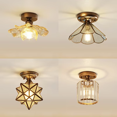 Artistic Vintage Ceiling Lights With Glass Shades And Geometric Floral Patterns 3d model