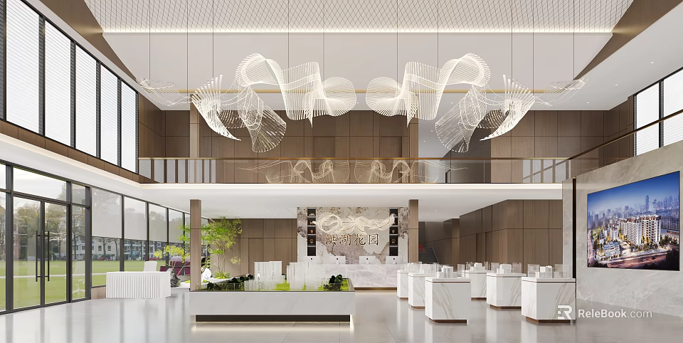 Modern Sales Office Interior Design With White Pendant Lights Marble Counter Green Plants Sofa Seating 3d model 