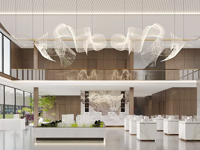 Modern Sales Office Interior Design With White Pendant Lights Marble Counter Green Plants Sofa Seating 3d model