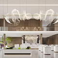 Modern Sales Office Interior Design With White Pendant Lights Marble Counter Green Plants Sofa Seating