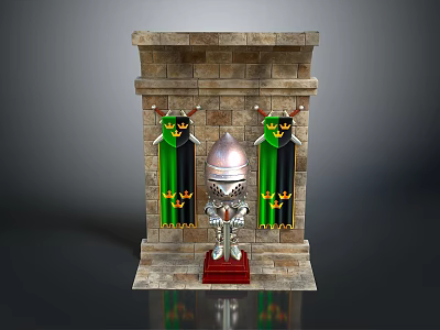 Stone Archway Structure With Green Banners And Silver Knight Statue On Red Pedestal 3d model