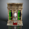 Stone Archway Structure With Green Banners And Silver Knight Statue On Red Pedestal