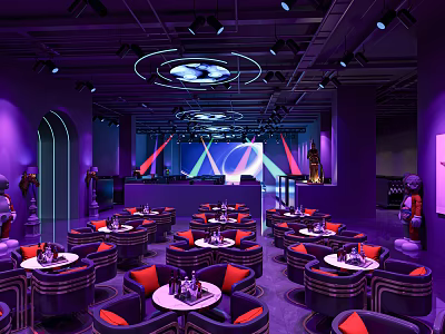 Modern Bar With Purple Lighting Round Tables Orange Cushioned Chairs Circular Lights And Geometric Decor 3d model