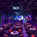 Modern Bar With Purple Lighting Round Tables Orange Cushioned Chairs Circular Lights And Geometric Decor