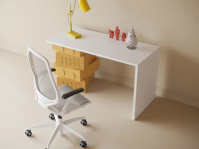 White Desk Setup with Yellow Desk Lamp Ergonomic Chair and Stacked Storage Boxes in Minimalist Room 3d model