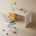White Desk Setup with Yellow Desk Lamp Ergonomic Chair and Stacked Storage Boxes in Minimalist Room