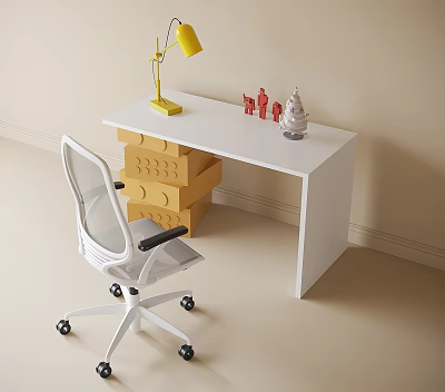 White Desk Setup with Yellow Desk Lamp Ergonomic Chair and Stacked Storage Boxes in Minimalist Room 3d model