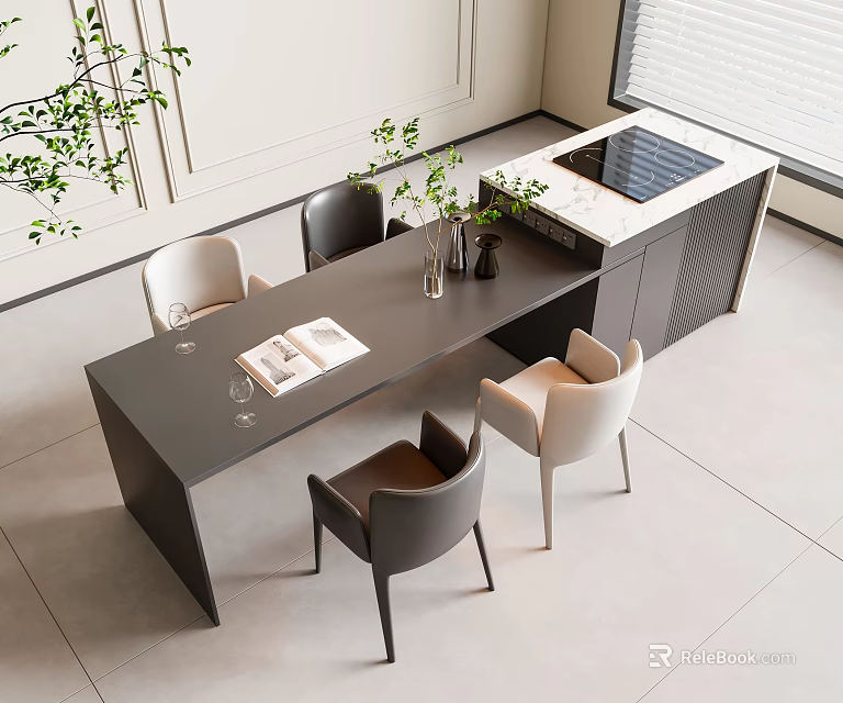 Elegant Modern Dining Table And Chairs With Open Book Vase Green Plants And Island Counter 3d model 