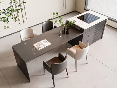 Elegant Modern Dining Table And Chairs With Open Book Vase Green Plants And Island Counter 3d model