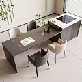 Elegant Modern Dining Table And Chairs With Open Book Vase Green Plants And Island Counter
