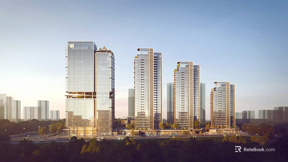 Elegant Modern High Rise Buildings With Glass Curtain Walls And Tree Lined Roads 3d model 