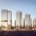 Elegant Modern High Rise Buildings With Glass Curtain Walls And Tree Lined Roads