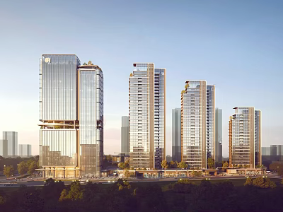 Elegant Modern High Rise Buildings With Glass Curtain Walls And Tree Lined Roads 3d model