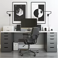 Modern Office Desk Setup With Computer Monitor Printer Office Chair And Wall Art