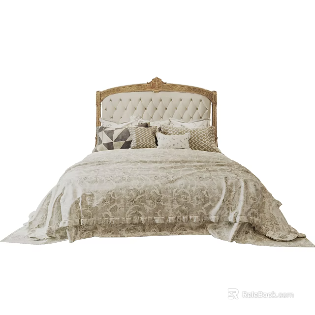 Elegant Double Bed with Carved Wooden Upholstered Headboard Decorative Pillows and Ornate Bedding 3d model 