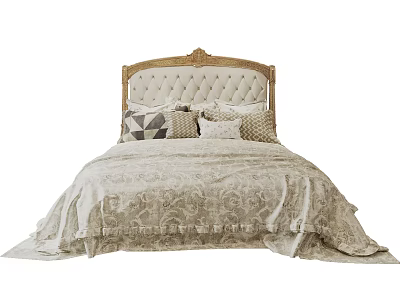 Elegant Double Bed with Carved Wooden Upholstered Headboard Decorative Pillows and Ornate Bedding 3d model
