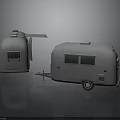Gray Camping Trailer With Windows And Open Door In Two Views