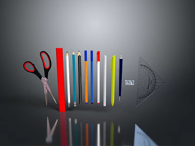 Assorted Stationery Items Including Scissors Colored Pencils Ruler And Pens On Dark Reflective Surface 3d model