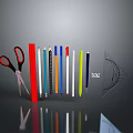 Assorted Stationery Items Including Scissors Colored Pencils Ruler And Pens On Dark Reflective Surface