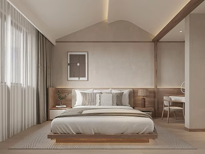 Modern Minimalist Bedroom With Wooden Bed Floor-to-Ceiling Window Bedside Table Desk And Wall Art 3d model